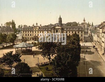 Eine Fotografie aus der Zeit um 1890, die den Place Royale und das Hôtel de Ville (Rathaus) in Caen, Frankreich, zeigt. Das Bild zeigt den zentralen Platz und das Gemeindegebäude der Stadt. Stockfoto