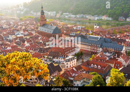 Detaillierte Luftaufnahme mit den historischen Gebäuden und Dächern von Heidelberg, Deutschland, mit dem Neckar und den üppigen Hügeln im Hintergrund. Stockfoto