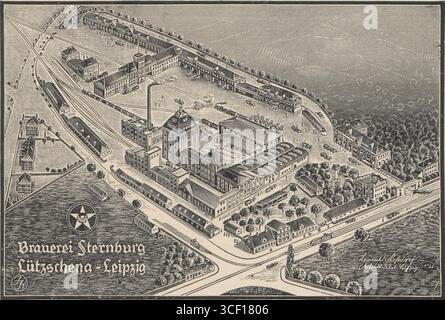 Eine 1925-Ansicht einer Brauerei, die ihre Struktur und Umgebung auf diesem Vintage-Foto zeigt. Das Bild zeigt die Industrielandschaft von Brauereien aus dem frühen 20. Jahrhundert. Stockfoto