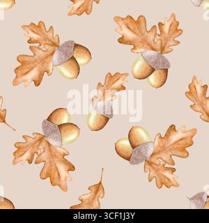 Nahtloses Muster aus HerbstEicheln und Eichenblättern, handgezeichnet in Aquarell. Stockfoto
