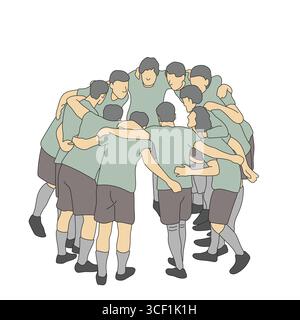 Team von Fußballspielern, die sich zusammendrängen Illustration Vektor Hand gezeichnet mit schwarzen Linien isoliert auf weißem Hintergrund. Stock Vektor