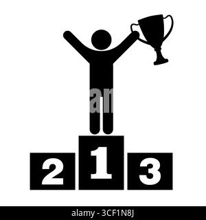 Sieger auf dem Podium beim Trophy Cup. Silhouettendarstellung. Eine einfache, aber kraftvolle Silhouette eines siegreichen Menschen, der stolz auf einem Podium steht. Stock Vektor