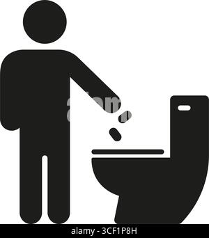 WC-Abfallentsorgung WC-Silhouette-Symbol. Person, die den Müll in die Toilettenschüssel wirft, Schild für Hygienevorschriften und solides Symbol für Toilettenettiquette. Isoliert Stock Vektor