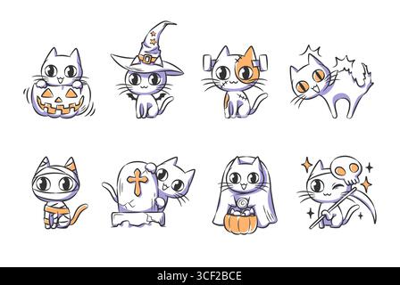 Set aus niedlichen Halloween Katze Kostüm Illustration wie Hexe, frankenstein, Mumie, grimmiger Sensenmann. Handgezeichnete Icon-Kollektion . Vektor . Stock Vektor