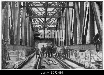 Blick auf die neue Hebebrücke über Koningshaven in Rotterdam mit einer Gruppe von Ingenieuren. In der Mitte, mit einem Top-Hut, ist Joosting, der Designer der Brücke. Stockfoto