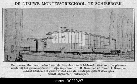 Dieses Bild vom 25. April 1935 zeigt die neu gegründete Montessorischule auf Elzenlaan in Schiebroek. Es spiegelt die architektonische Gestaltung und Entwicklung von Bildungseinrichtungen während des frühen 20. Jahrhunderts wider. Stockfoto