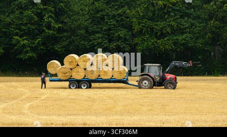 Traktor und Frontlader im Feld geparkt (Seitenansicht) und männliche Arbeit (Strohballen werden nach der Ernte beladen gesammelt) – Farnley, North Yorkshire, England, Großbritannien. Stockfoto