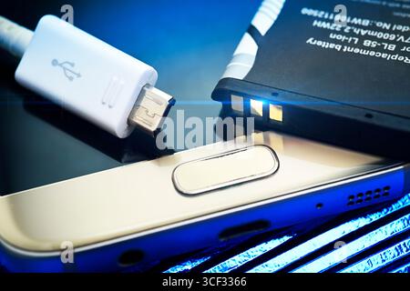 Akku und USB-Kabel an einem Smartphone Stockfoto