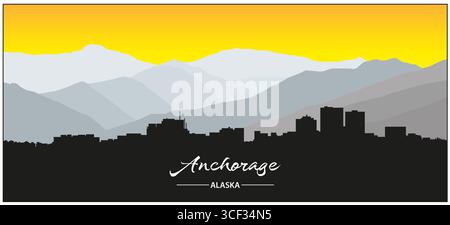 Silhouette Anchorage, Alaska Skyline mit Bergen und Schriften Stockfoto
