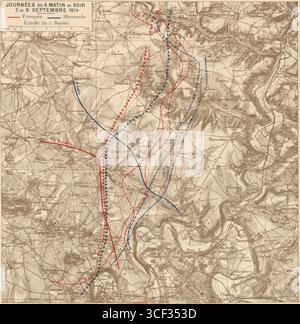 Diese 1915 erstellte Karte zeigt die Schlacht an der Marne, die zwischen dem 6-9. September 1914 ausgetragen wurde. Es zeigt die wichtigsten Positionen und Bewegungen während dieser entscheidenden Schlacht im Ersten Weltkrieg. Stockfoto