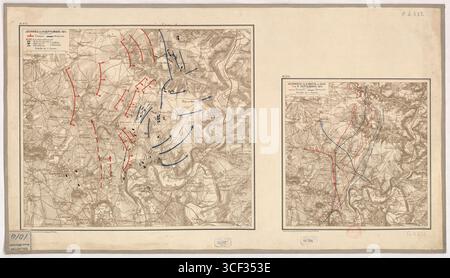 Diese beiden Karten, die 1915 erstellt wurden, beschreiben die Positionen während der Schlacht an der Marne zwischen Meaux und Multien, die vom 6-9. September 1914 ausgetragen wurde, und zeigen die eingesetzten militärischen Strategien. Stockfoto