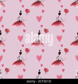 Nahtloses Aquarellmuster mit einer Frau in rotem Rock und gestreifter Bluse mit einem roten Ballon in Herzform auf rosa Hintergrund im Stil von Stockfoto