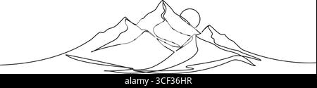 Kontinuierliche einzeilige Zeichnung des Sonnenuntergangs in den Bergen, Linie Kunst Vektor Illustration Stock Vektor