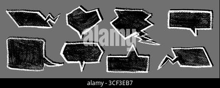 Set aus schwarzen Sprechblasen mit weißem Umriss im Stil handgeschriebener Kritzelkritzeleien in Kreide für Rockmusik-Poster, Social Stock Vektor