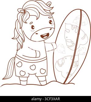 Entdecke den niedlichen Sommer Horse Surfer mit Board. Lustiger Tiercartoon Pony Kawaii Beachgoer Charakter. Linienzeichnung, Malbuch. Vektorabbildung. K Stock Vektor