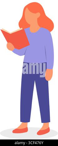 Rothaarige Frau liest ein Buch, während sie steht. Minimaler flacher Vektorcharakter für Bildungs- und Lifestyle-Themen Stock Vektor