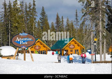 Maschinenbordbuch-Kabinen im Adventure Park, Big White, Britisch-Kolumbien, Kanada Stockfoto