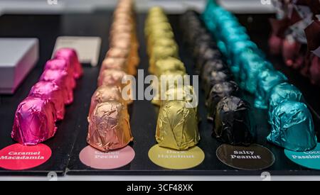 Eine Präsentation von Gourmet-Schokolade mit Macadamia, Pekannuss, Kokos und Haselnuss in einem Regal in einem hochwertigen Schweizer Chocolatier-Shop in Zürich, Schweiz Stockfoto