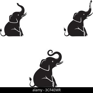 Drei elegante Elefanten in schwarzer Silhouette, die mit einer verspielten oder feierlichen Pose auf weißem Hintergrund sitzen Stock Vektor
