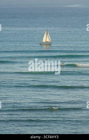 Segelboot auf dem Pazifik vor Waikiki Beach mit Surfer im Vordergrund. Oahu, Hawaii, USA. Stockfoto