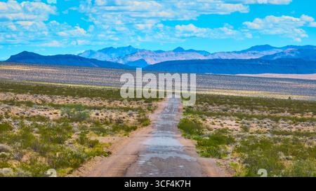 Die Desert Road Führt Zu Den Fernen Bergen Unter Dem Blue Sky Nevada Stockfoto
