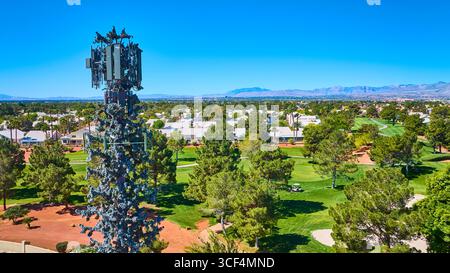 Getarnter Cell Tower über dem Golfplatz und der Wohngemeinde Stockfoto