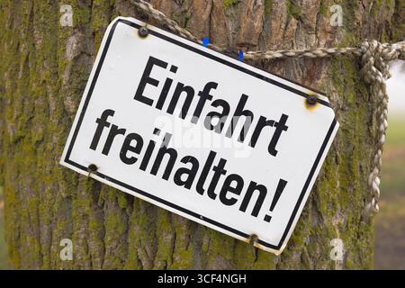 Schild „halte die Einfahrt frei!“ Auf einem Baum Stockfoto