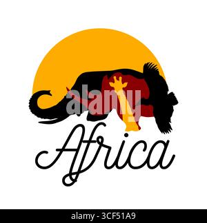 Silhouette eines Elefanten mit Sonnenuntergang, Logo. Logo Afrika Tiersilhouetten. Handzeichnung. Nicht AI. Auf einem T-Shirt drucken. Vektorabbildung Stock Vektor