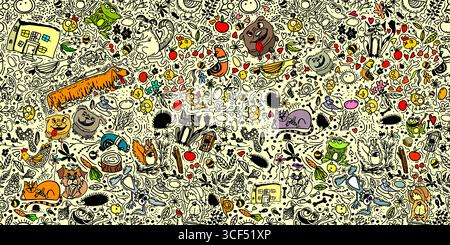 Nahtloses Muster von niedlichen Linien verschiedener Tiere. Tapeten für ein Kinderzimmer drucken. Handzeichnung. Nicht AI, Vektorillustration Stock Vektor