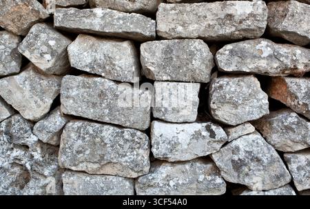 Nahaufnahme der Steinmauer von Trulli in Alberobello. Stockfoto