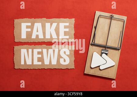 Fehlinformationen Trap Konzept. Mauszeiger Mit Der Schaltfläche Wiedergabe Neben Fake News Text Auf Rotem Hintergrund, Der Die Medienmanipulation Symbolisiert. 3D-Rendering Stockfoto