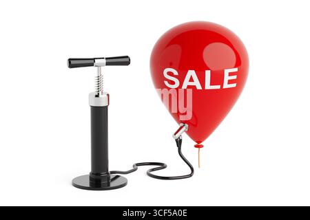 Marketing Promotion-Konzept. Luftpumpe Mit Rotem Ballon Verbunden Mit Verkaufstext Auf Weißem Hintergrund. 3D-Rendering Stockfoto