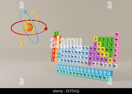 Wissenschafts- Und Bildungskonzept. Buntes Periodensystem mit 3D-Atom-Modell auf grauem Hintergrund. 3D-Rendering Stockfoto