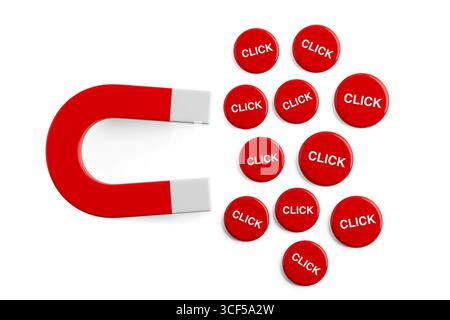 Clickbait-Strategiekonzept. Roter Magnet Zieht Rote Schaltflächen Mit Klicktext Auf Weißem Hintergrund An. 3D-Rendering Stockfoto