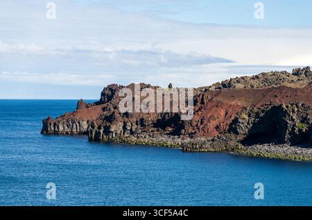 Landzunge aus Lava, die den finalen Fluss des Eldfell-Vulkans zeigt, der 1973 auf Heimaey ausbrach Stockfoto