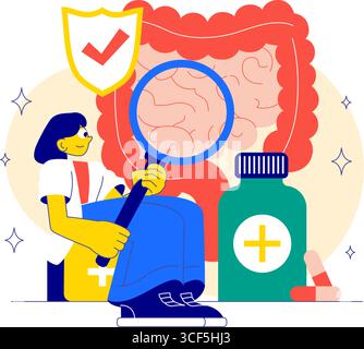 Gesunde Darmillustration mit menschlichem Verdauungssystem Anatomie mit Darmmikroflora, entzündeten Darmzellen, Bakterien und Probiotika Hintergrund Stock Vektor