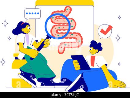 Gesunde Darmillustration mit menschlichem Verdauungssystem Anatomie mit Darmmikroflora, entzündeten Darmzellen, Bakterien und Probiotika Hintergrund Stock Vektor