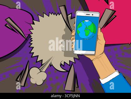 Cartoon Smartphone, Comic-Buch Telefon mit Planet Erde. Retro-Vektor-Comics Pop-Art-Design. Stock Vektor
