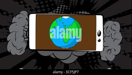 Cartoon Smartphone, Comic-Buch Telefon mit Planet Erde. Retro-Vektor-Comics Pop-Art-Design. Stock Vektor