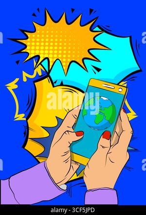Cartoon Smartphone, Comic-Buch Telefon mit Planet Erde. Retro-Vektor-Comics Pop-Art-Design. Stock Vektor