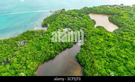 Atemberaubender Blick aus der Vogelperspektive auf üppige grüne Landschaften und Gewässer auf Rosario Island, Cartagena, Bolívar, Kolumbien. Stockfoto