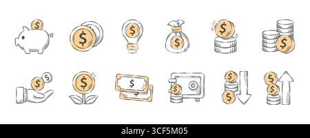 Finanz - und Geschäftsbeziehungen . Hand gezeichnet Icon Zeichentrickillustrierung Sammlung . Satz 1 von 3 . Vektor . Stock Vektor