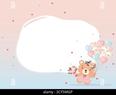 Teddybärenmädchen-Rahmen mit Blumenstrauß und Ballons Stock Vektor