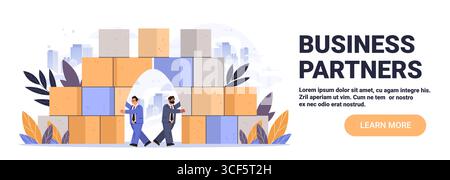 Geschäftspartner Teamwork Collaboration Konzept zwei Geschäftsleute schütteln sich die Hände unter dem Bogen aus gestapelten Blöcken Stadtbild Hintergrund modernes flaches Design Stock Vektor