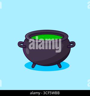 Hexenkessel mit sprudelndem grünem Trank, bereit für Halloween Vektor Illustration Cartoon Design Stock Vektor