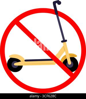 Verbotsschild keine Roller. Symbol „Elektrofahrrad verboten“. Verbotener Transport. Vorschriften für den Stadtverkehr. Roter gekreuzter Kreis. Stadtverkehr Stock Vektor