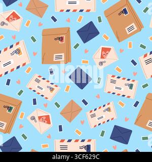 Postpakete, Briefe und Briefumschläge mit nahtlosem Muster für Briefmarken. Postzustellung. Postkorrespondenz. Wiederholter Druck. Luftpostnachricht Stock Vektor