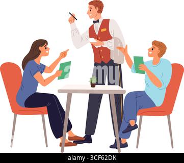 Mann und Frau sitzen am Tisch im Café und bestellen Essen vom Menü bis zum Kellner. Abendessen im Restaurant. Ein Paar sitzt zusammen am Esstisch. Mittagessen in Stock Vektor