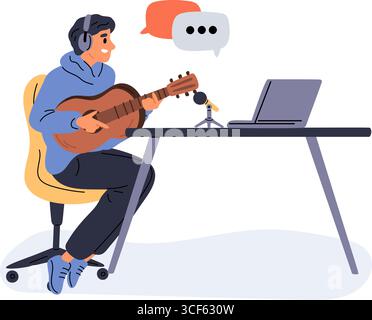 Der Kerl sitzt im Stuhl und spielt Gitarre vor Laptop und Mikrofon. Online-Musikunterricht. Aus der Ferne lernen. Musikerausbildung. Gitarrist Stock Vektor