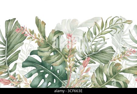 Hawaiianisches Laub Aquarell nahtlose Kante isoliert weiß. Weiche tropische Blätter und rosafarbene Zweige in wiederholtem Design. Handfläche horizontal endlos Stockfoto
